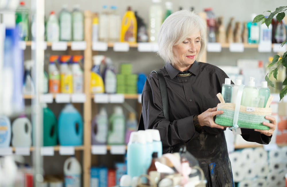 Elderly woman buyer chooses cosmetics gift set