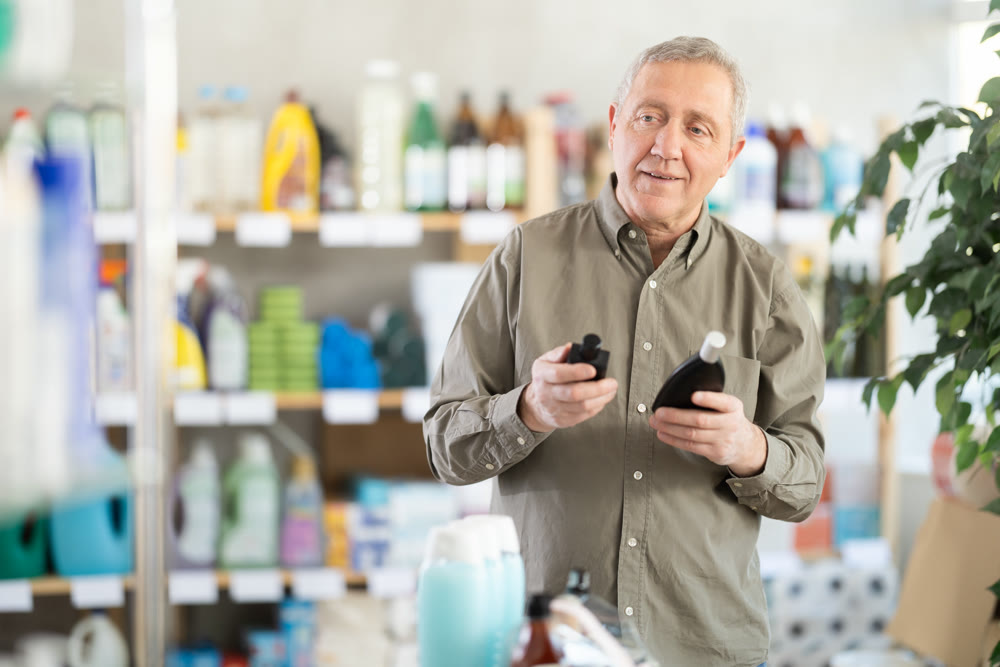 Elderly man choosing perfume in a European supermarket