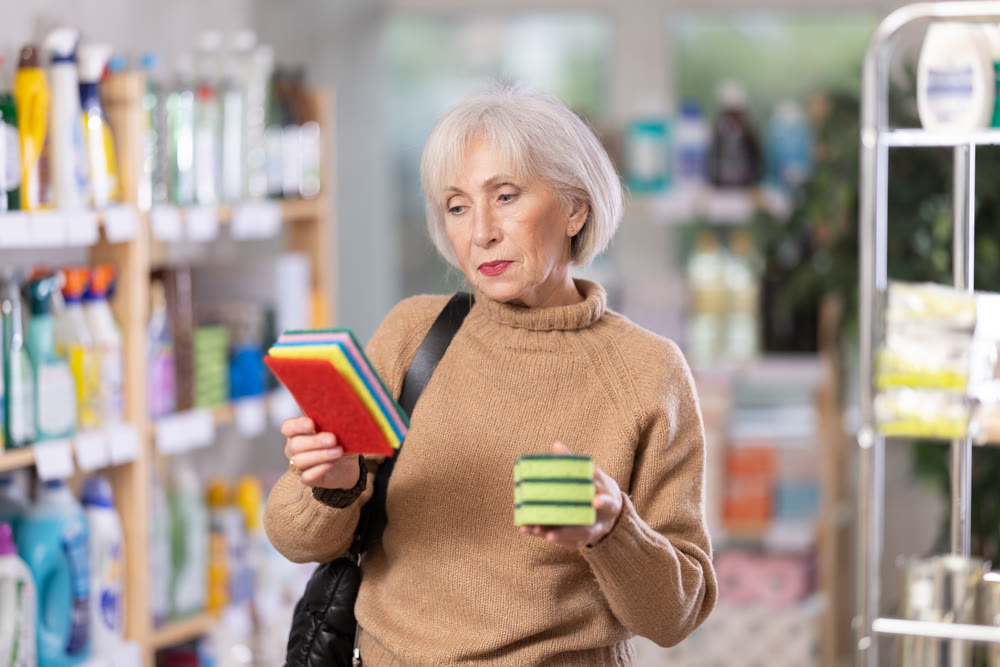 Mature woman choosing cleaning sponge in department store