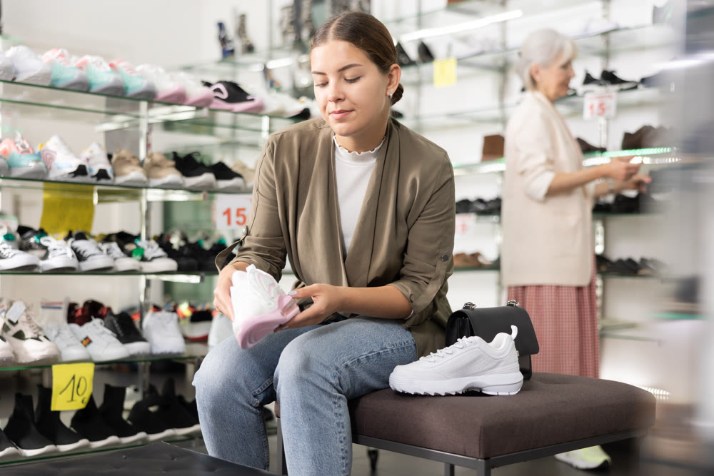Young satisfied woman trying on new sneakers in shoe store