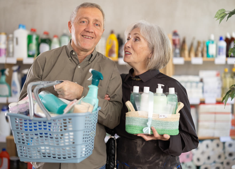 elderly couple chooses goods in a household chemicals store