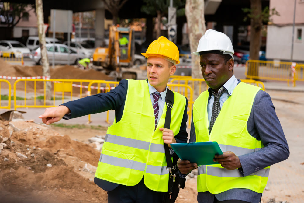 Young worker is discussing a project with a colleague, showing him something