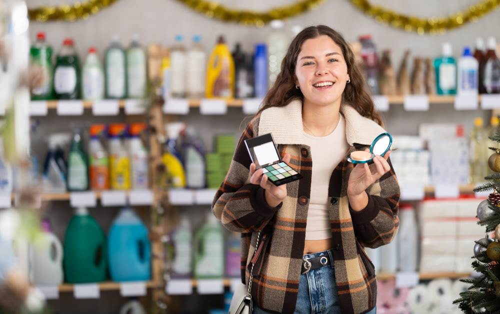 On New Year Eve, woman choose and buy make up pallet
