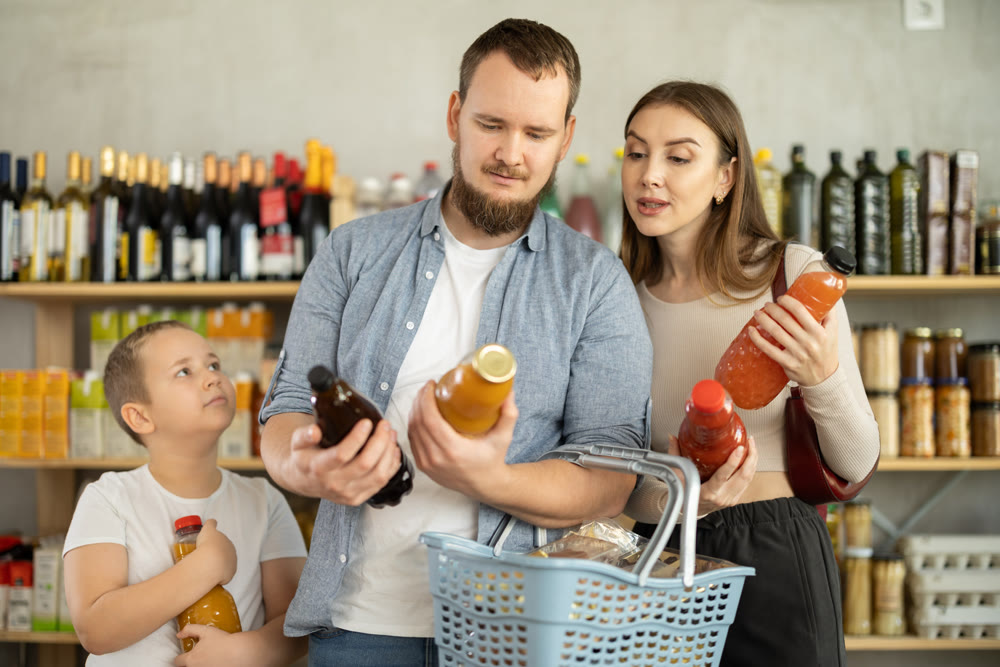 Couple of man and woman with boy choosing juices in grocery