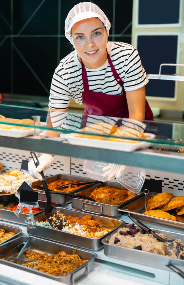 Friendly salesgirl filling container with ready-to-eat food in supermarket