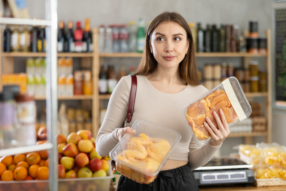 Female buyer carefully reads labels on packaging of semi-finished chicken products - she chooses best product in supermarket