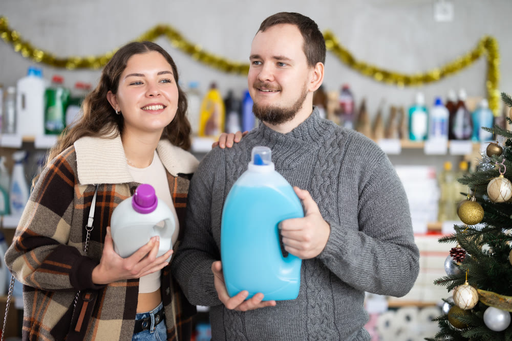 Happy man and woman looking for household liquid detergents on shelves in store. Christmas shopping