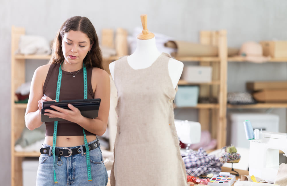 Female fashion designer drawing clothing on tablet in studio