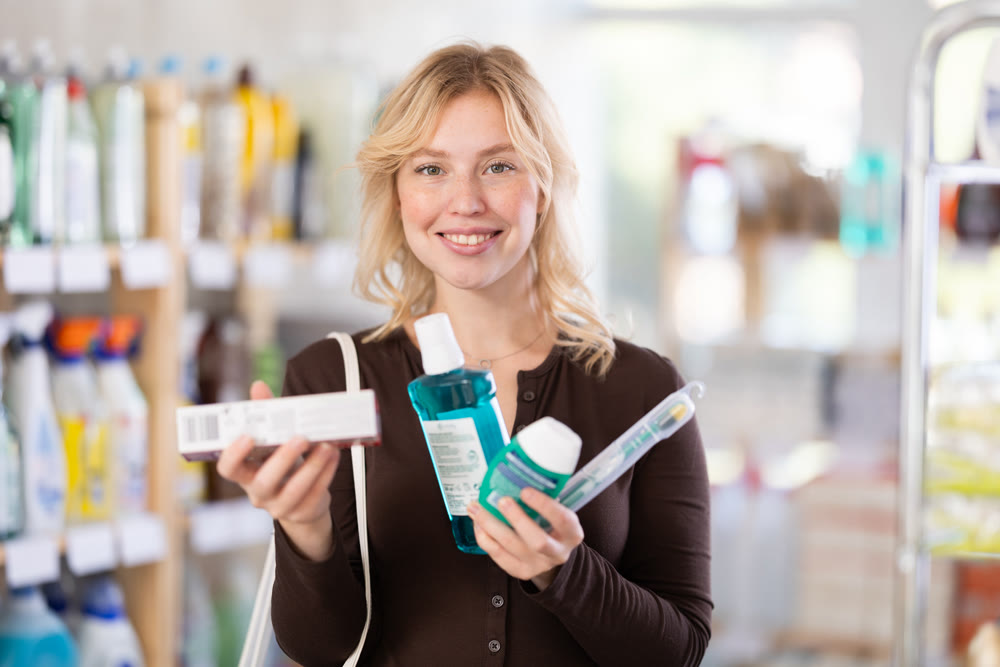 Positive beautiful young woman choosing toothpaste and oral care products in store