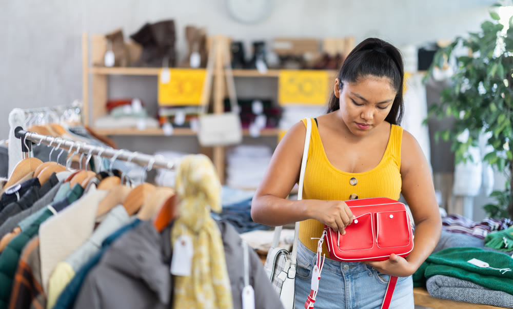 Young women choosing handbag in store