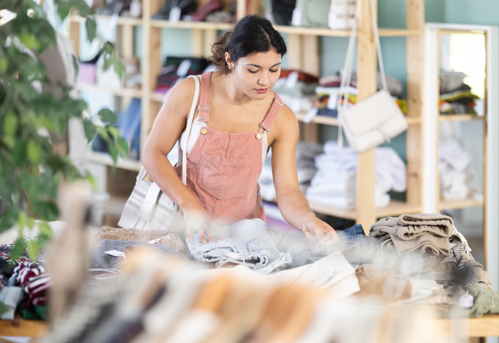Latina chooses jeans in a clothing store
