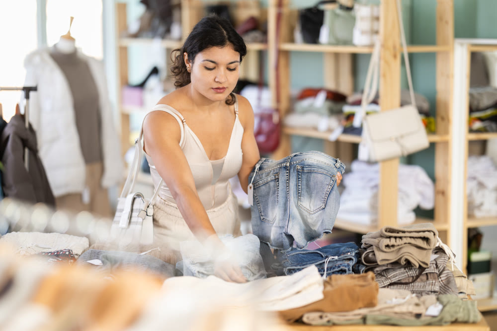 Young woman choosing denim shorts in clothing store