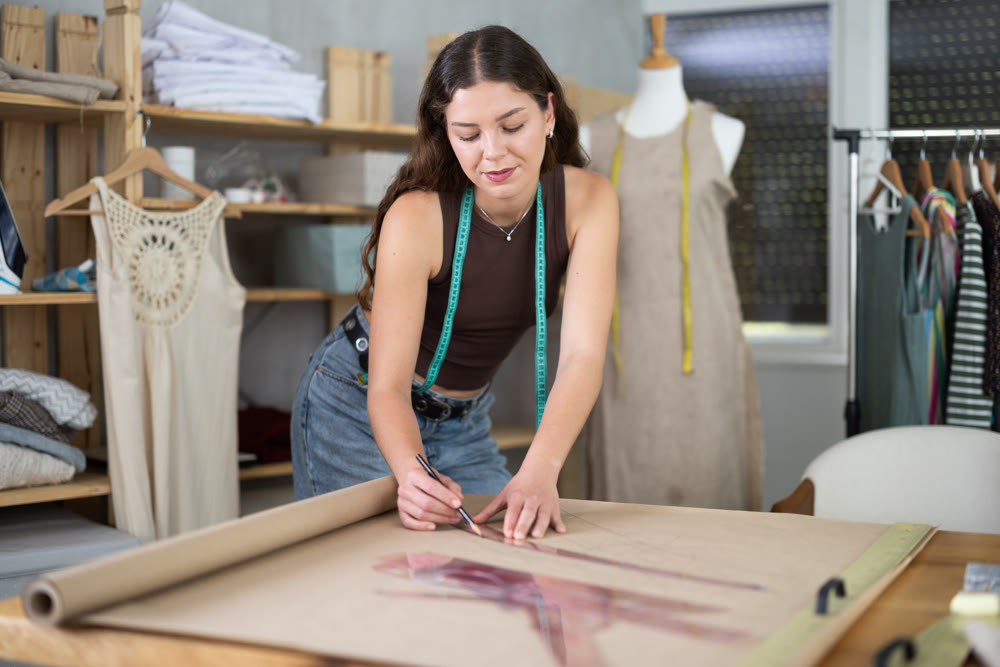 Female fashion designer drafting clothing pattern on paper in studio