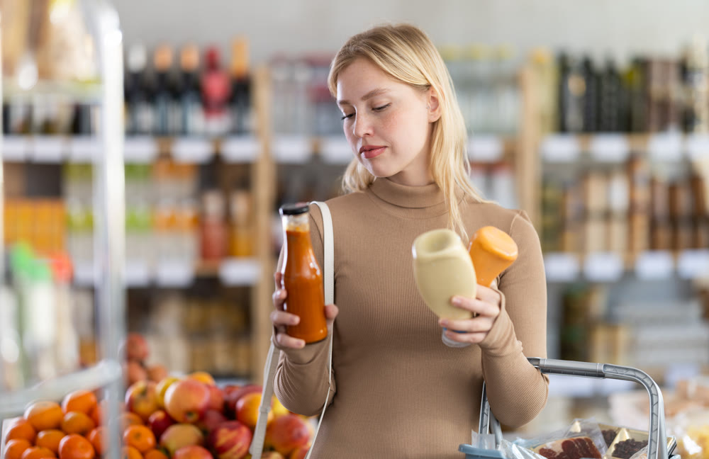 Young woman chooses sauces in grocery store