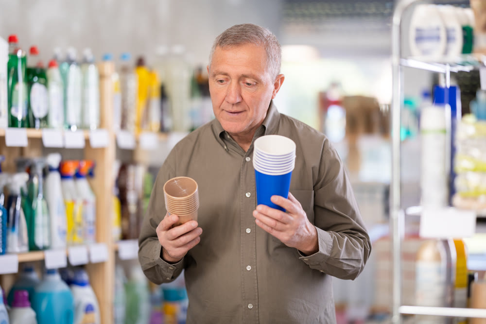 elderly man holds paper cups in his hands
