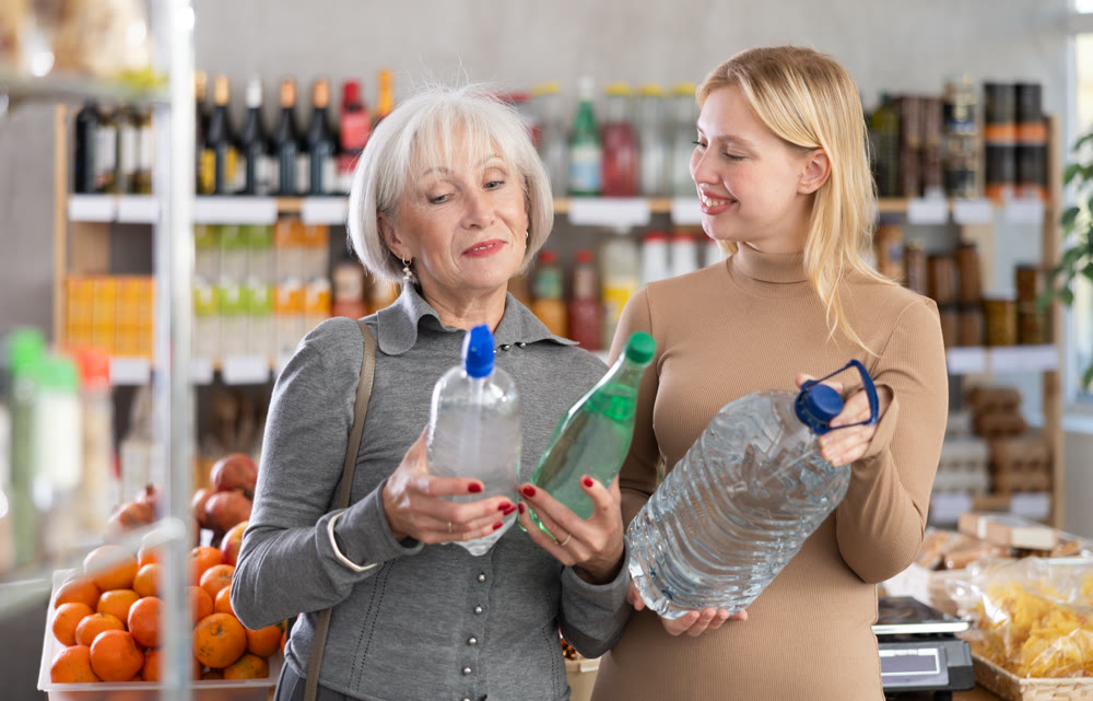 Mature mother and adult daughter buy bottles of spring water at supermarket