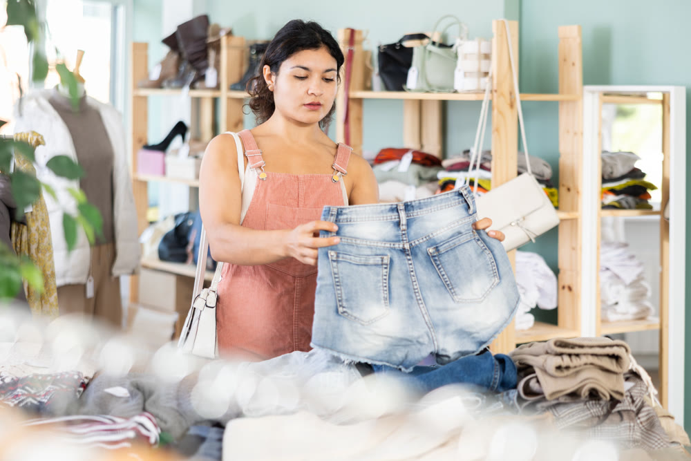 Undetermined young girl choosing jeans shorts in clothing store
