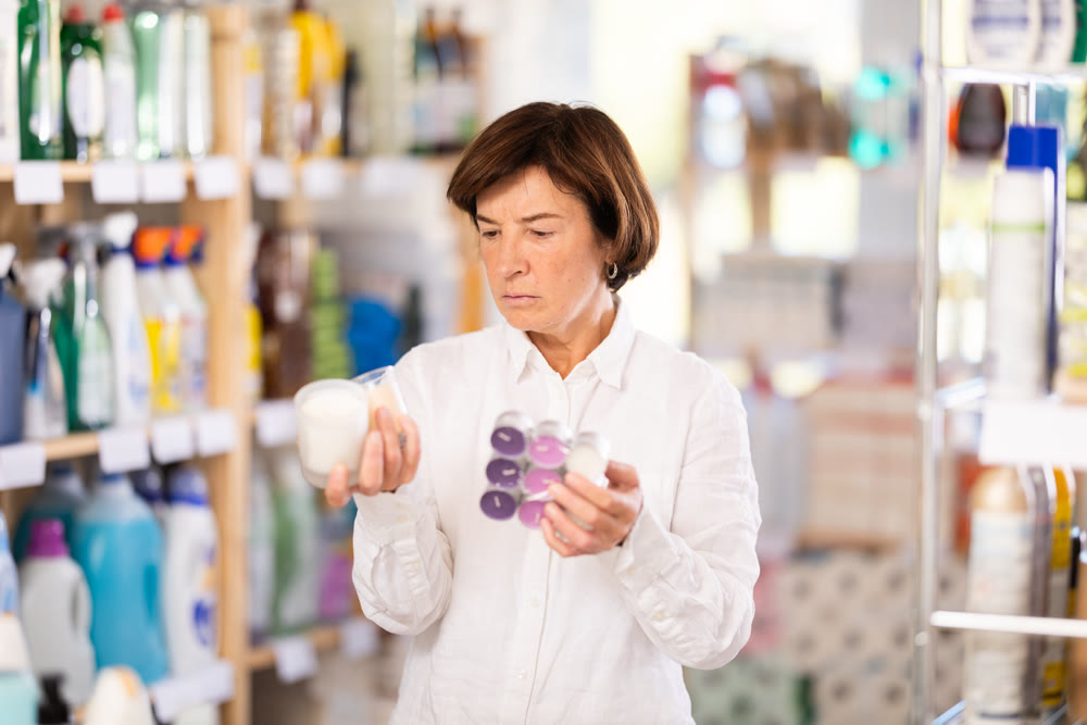 Elderly woman choosing scented candles in store