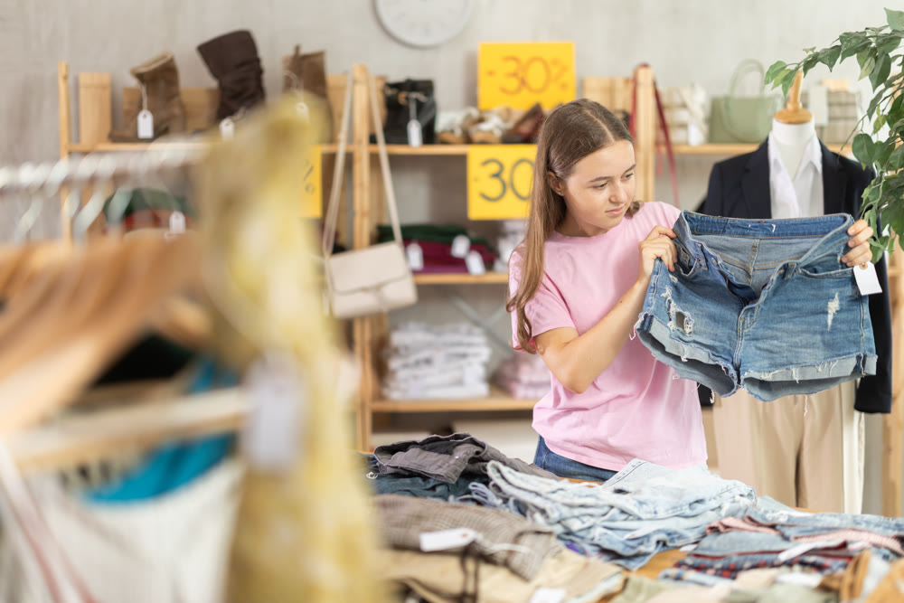 Teenage girl choosing jean shorts in clothing store