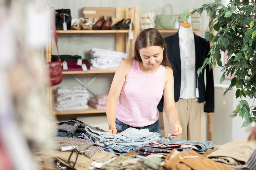 Positive teenage girl choosing pantaloon in clothing store