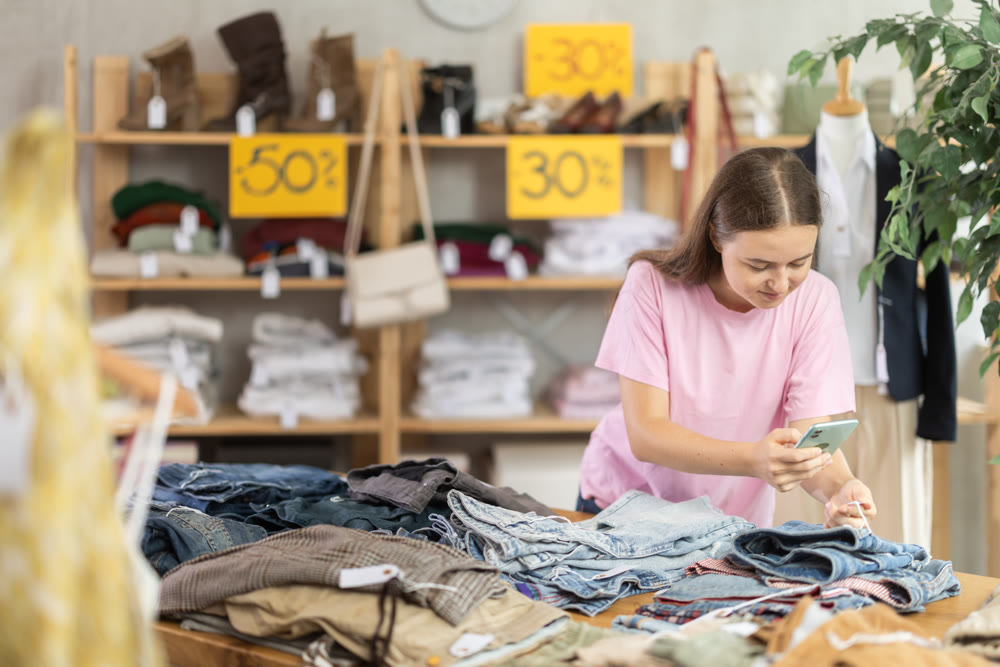 Teen girl scans qr code jeans in clothing store
