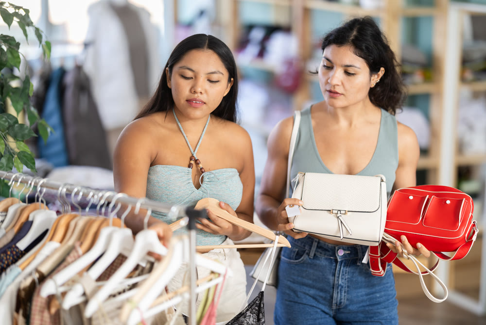 Two young women choosing dresses or tops and handbags