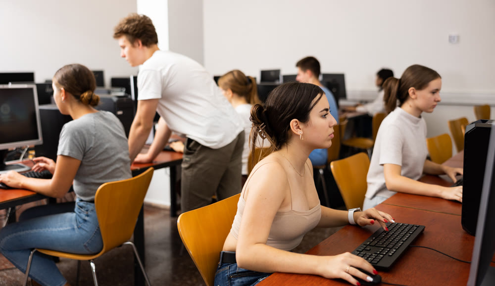 Teenager girl using PC during computer science lesson