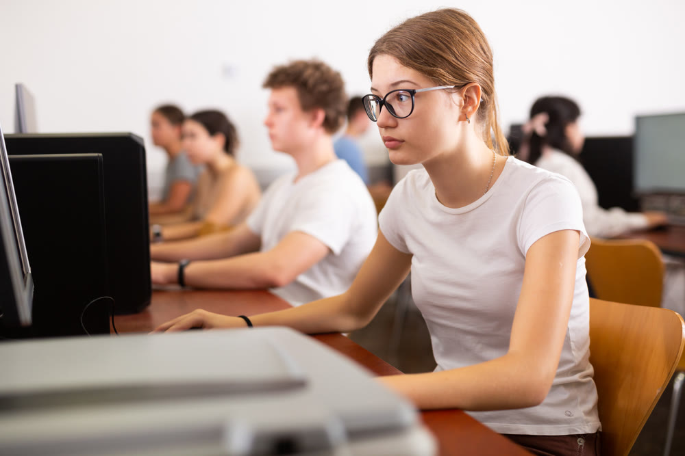 Teenager girl using PC during computer science lesson