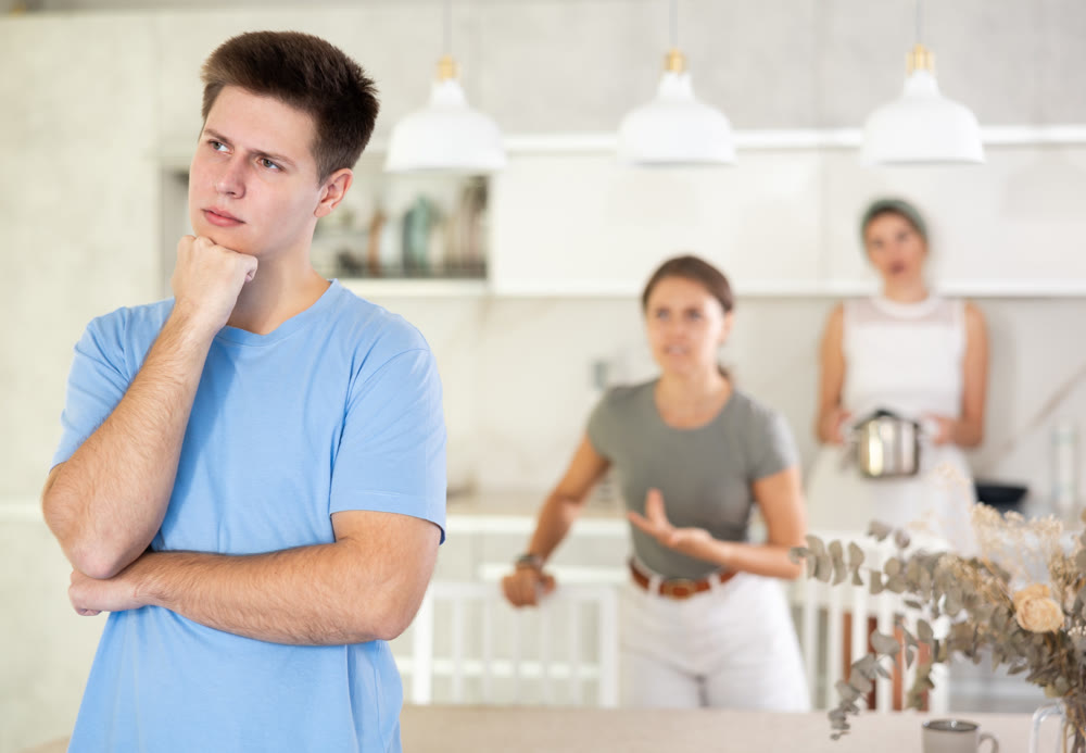 Woman mother and young girl during family quarrel accuse adult son