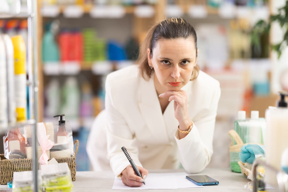 Adult woman conducting inventory with checklist and phone