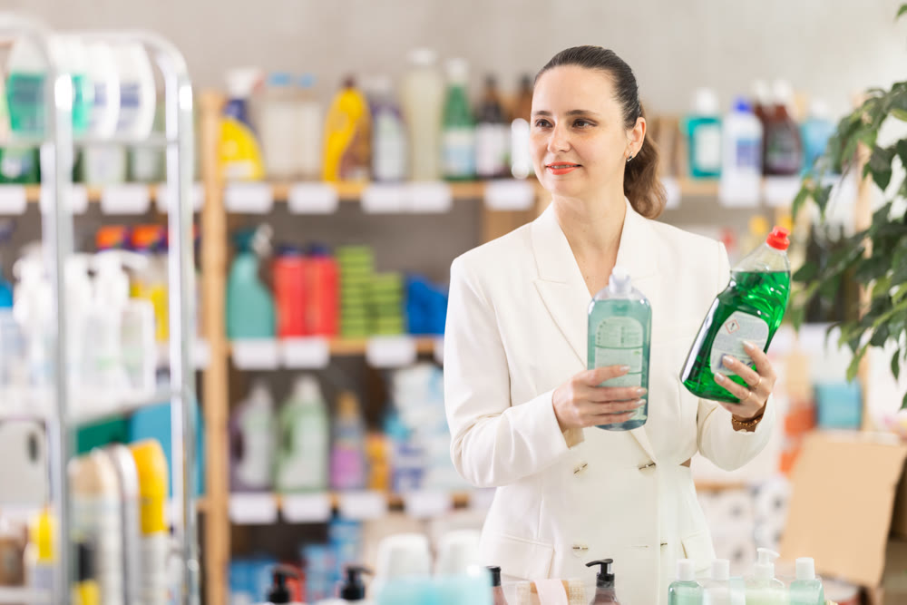 Adult woman chooses dishwashing detergent in store