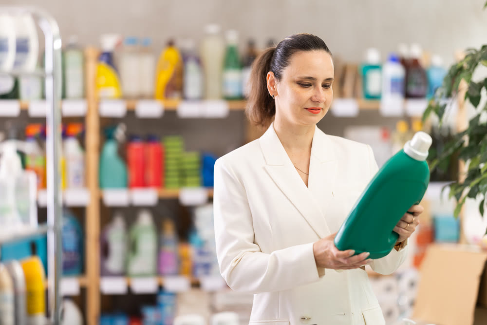 Adult woman buyer chooses detergent in store