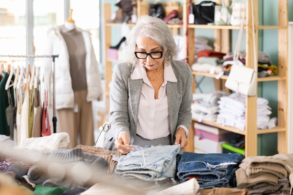 Mature woman standing in store and choosing jeans