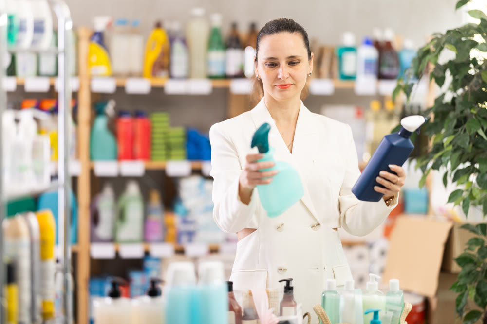 Adult woman chooses cleaning spray in store