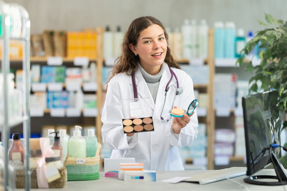 Female pharmacist offers to buy medicinal cosmetics in pharmacy