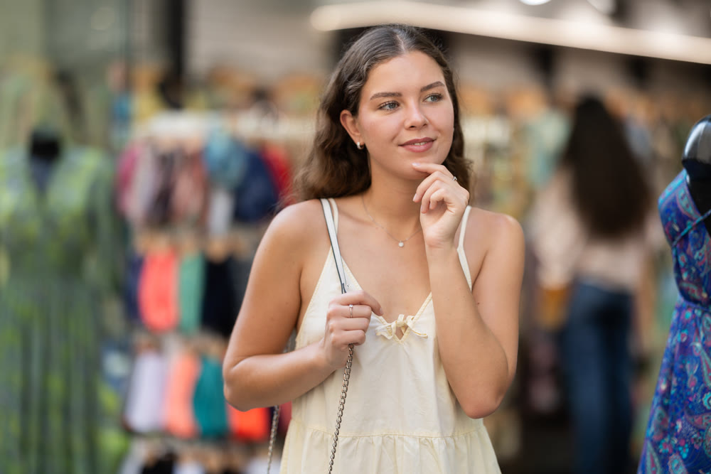 Young woman looks around at street market
