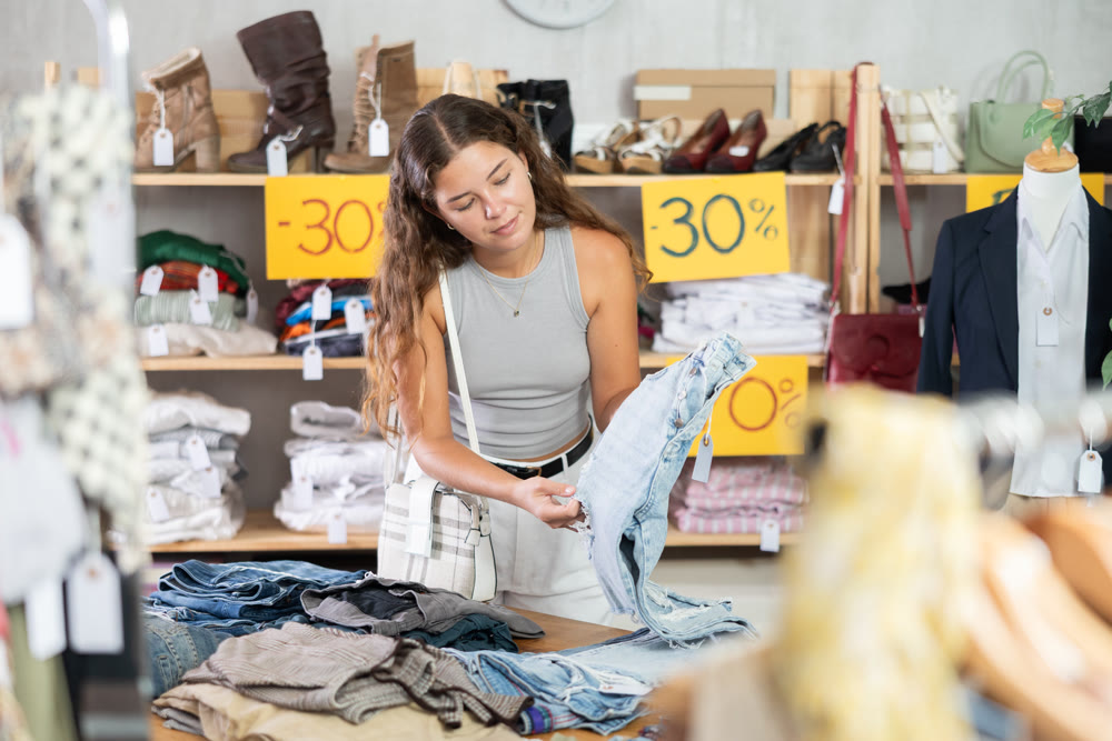 Young woman choosing jeans in clothing store