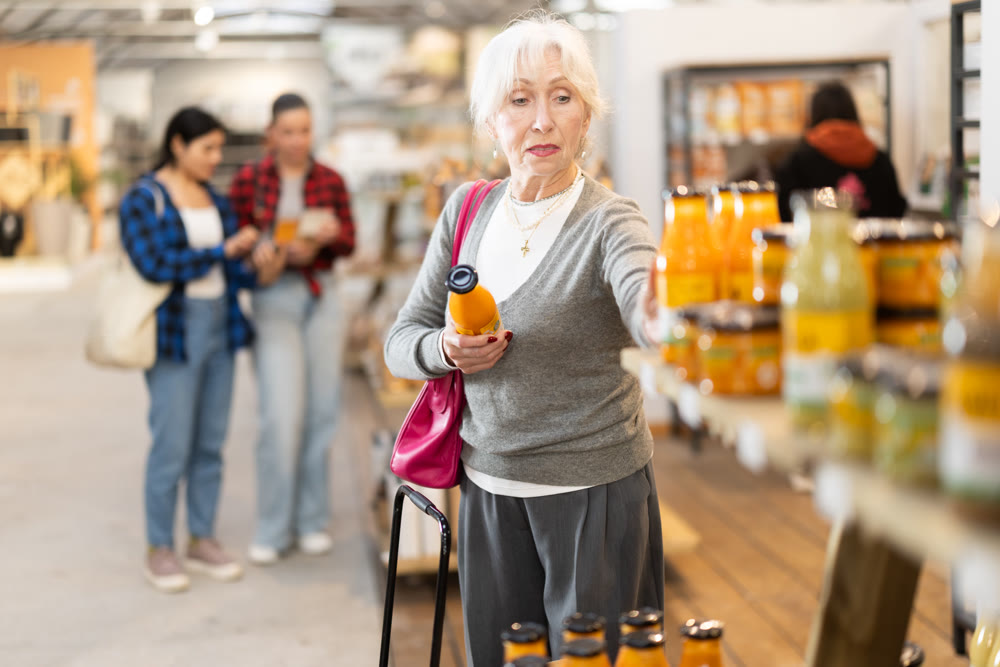 Elderly woman chooses juice in grocery store