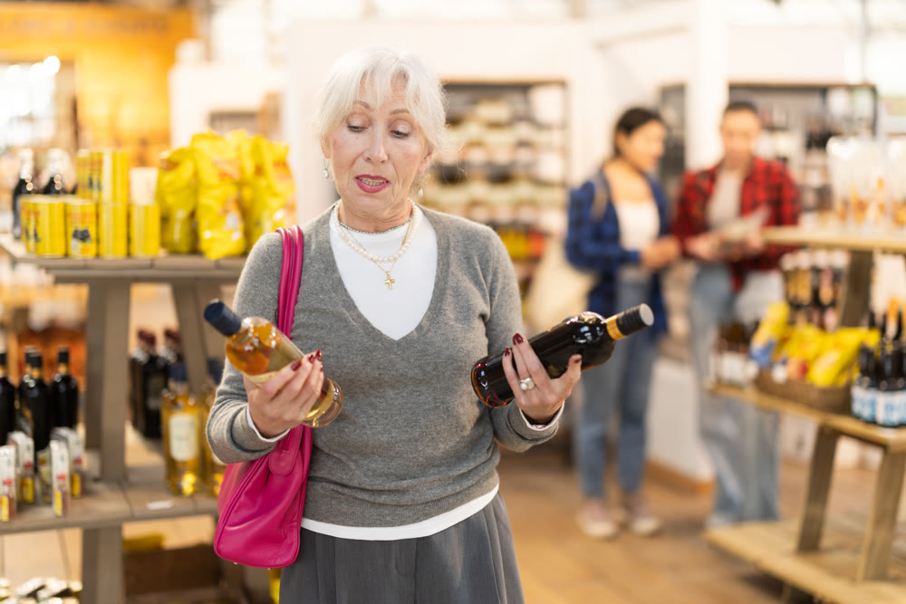Elderly woman buyer chooses bottle of wine in store