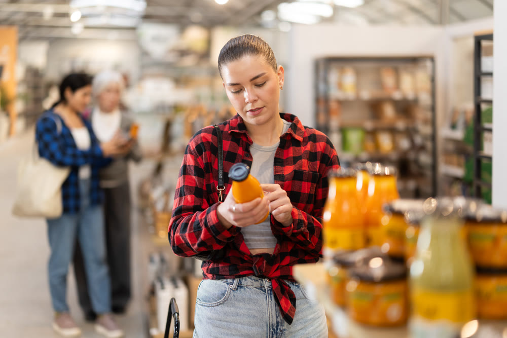 Young woman chooses juice at grocery store
