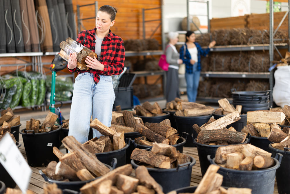 Young woman choosing firewood in store