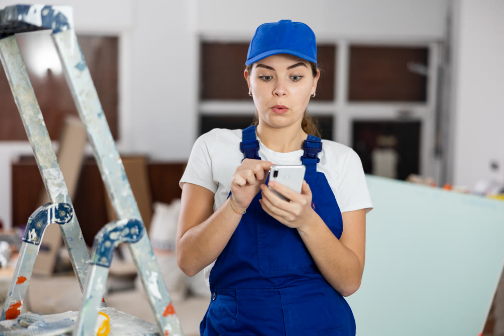 Female construction worker using smartphone in apartment