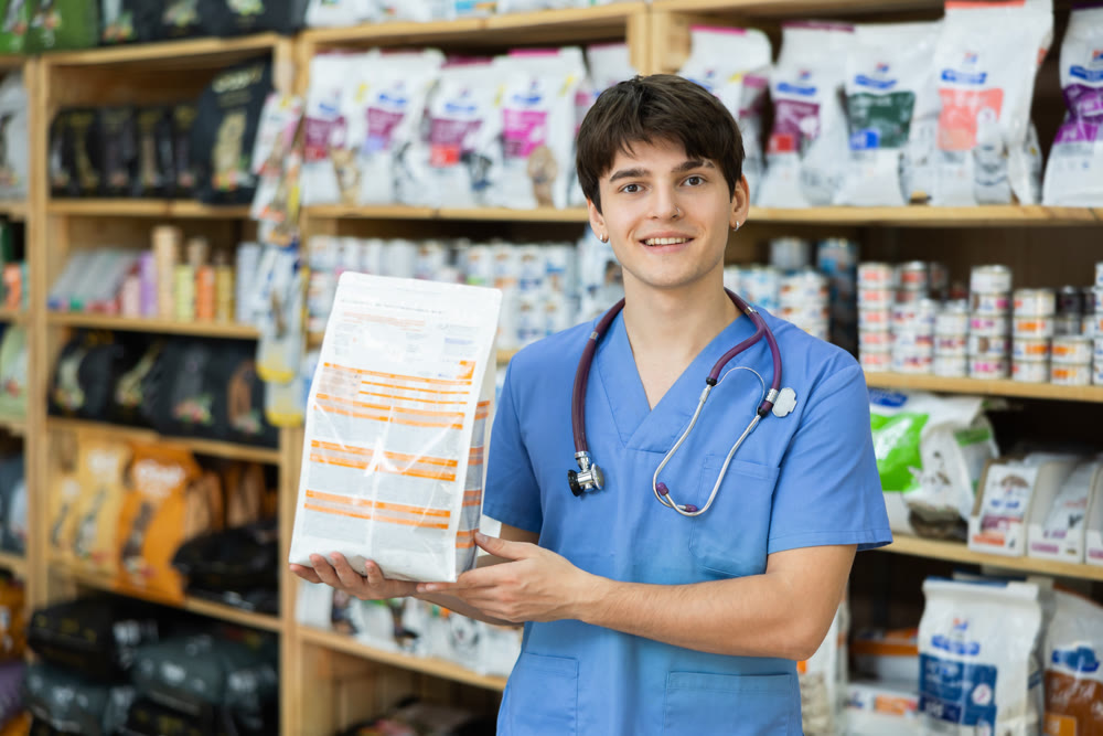 Experienced veterinarian young man is standing in pet store with pack of food in hands