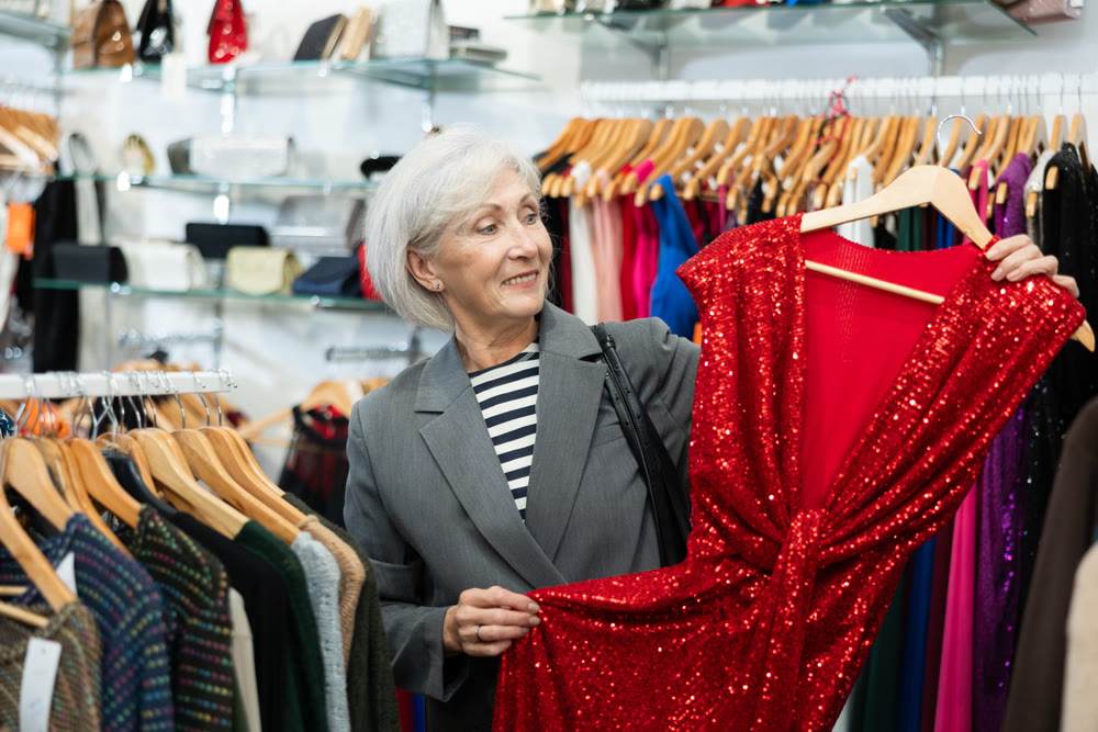 Elderly woman trying blouse among racks with clothes in clothing boutique