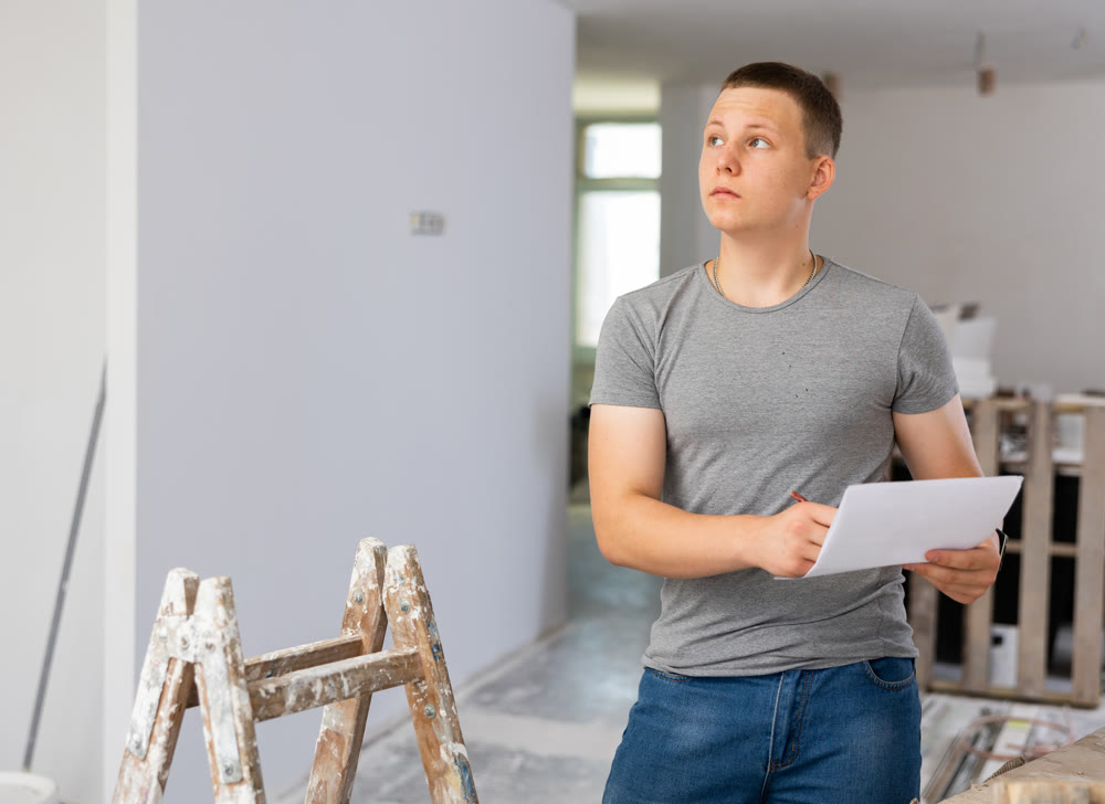 Young man checking project documentation in apartment during repair works