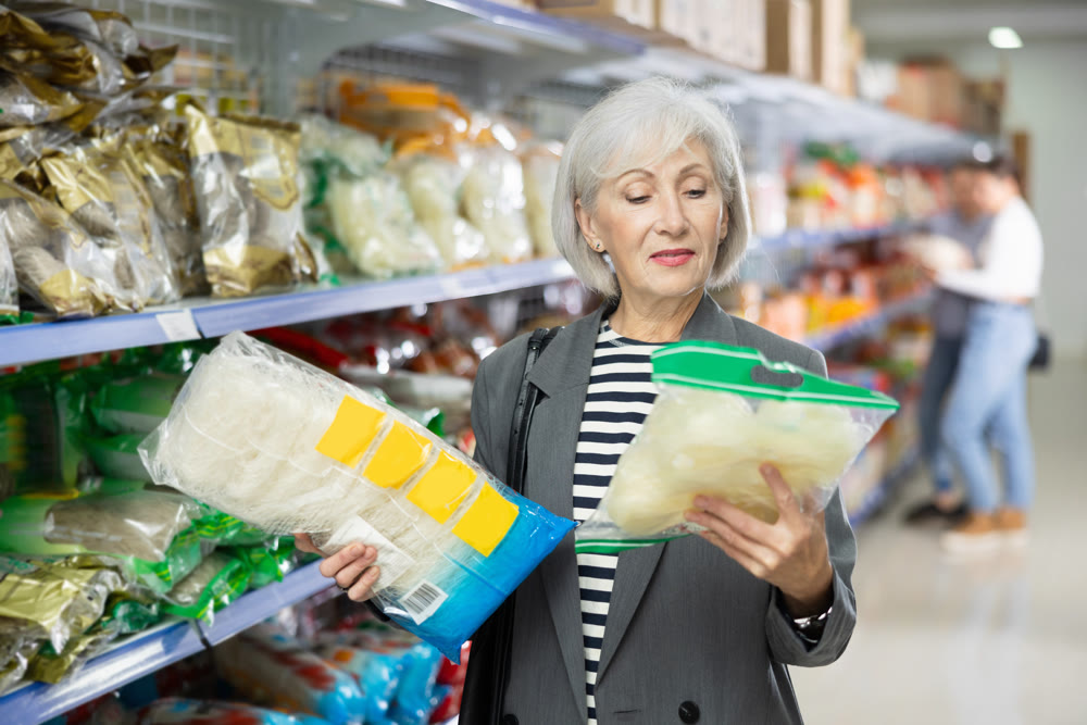 Senior woman in supermarket buys daily groceries, pasta Chinese noodles