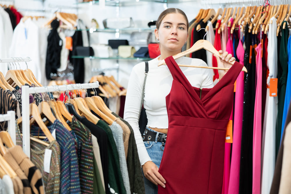 Young woman choosing dress in store