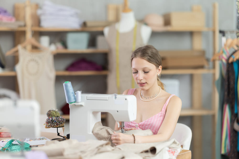 Young seamstress sews a dress on a machine