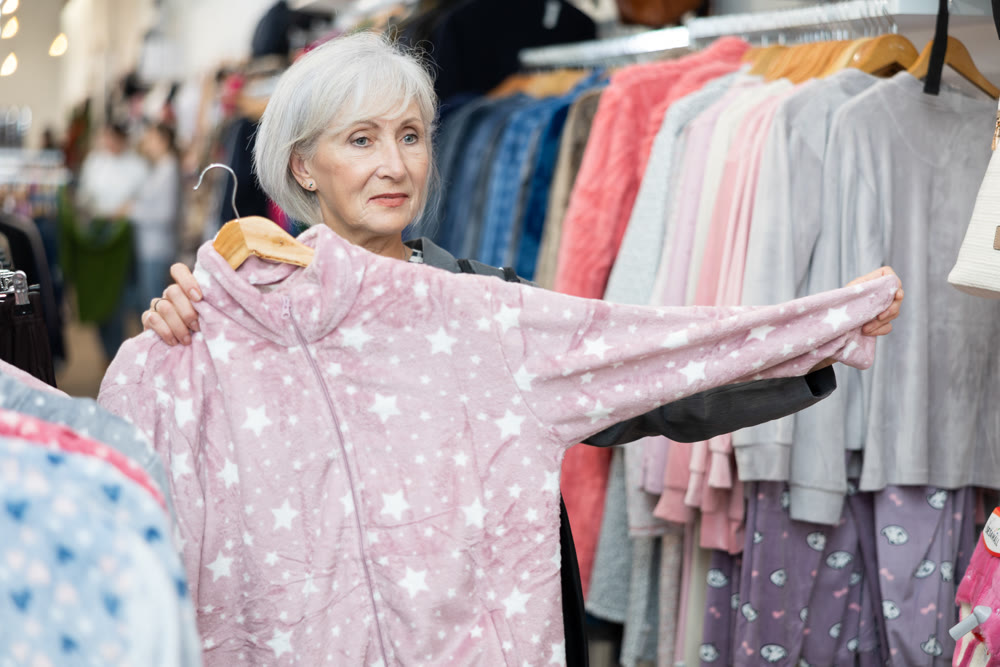 Elderly woman chooses warm demisison clothes from large assortment of clothes at clothing store.