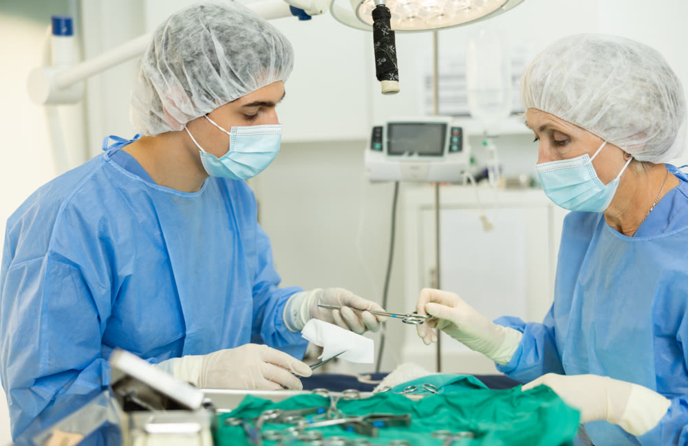 Senior woman doctor of veterinary medicine is focused performs surgery on animal.